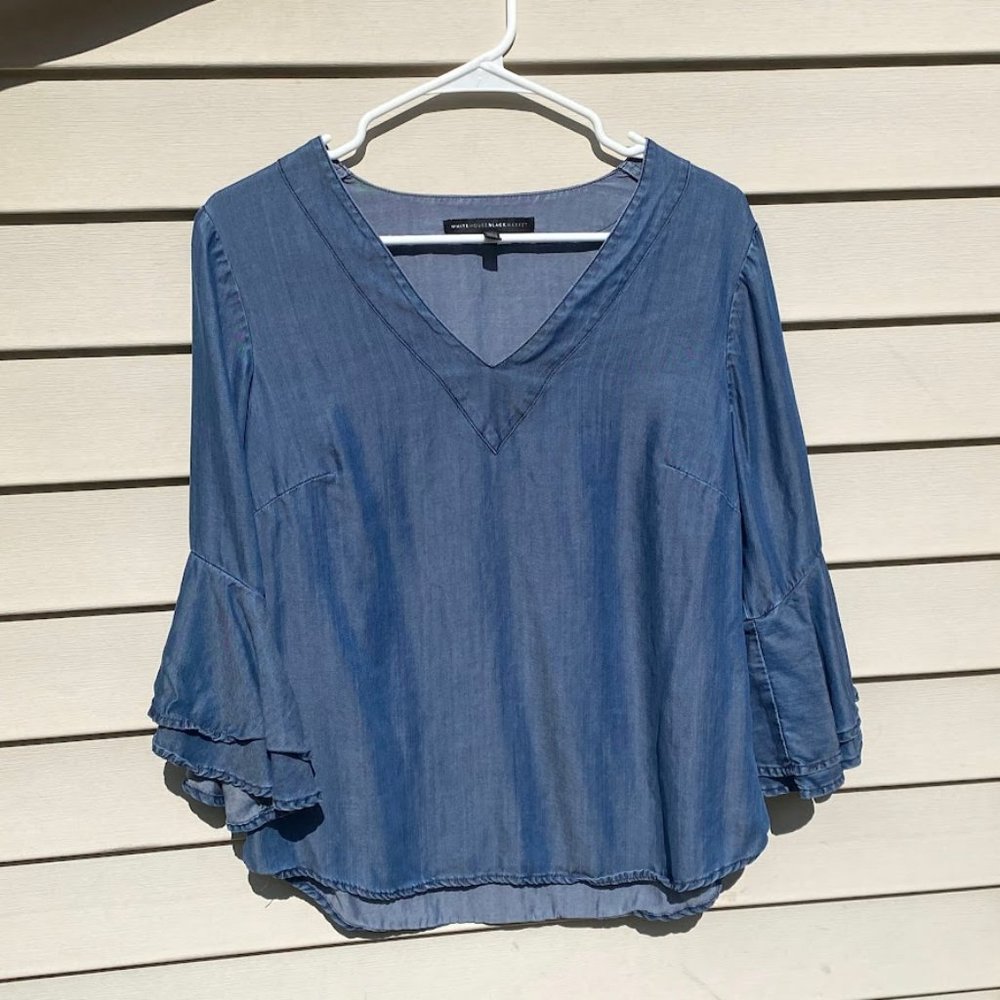 Size 8 White House Black Market denim tailored ruffle blouse